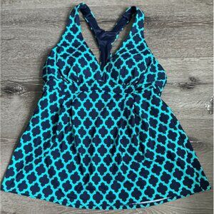 Lands End Racerback Tankini Top Adult Size 6 Navy Teal Geometric Lined‎ Cups